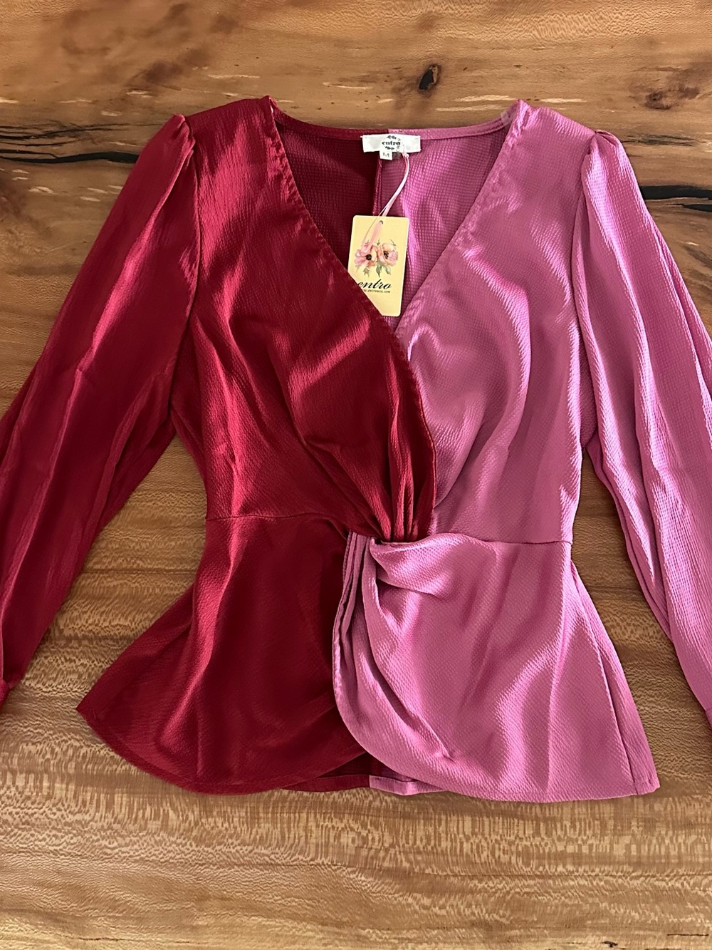 Entro Color Block Twist Front Satin Blouse M Wine Pink Wrap Top
Long Sleeve NWT